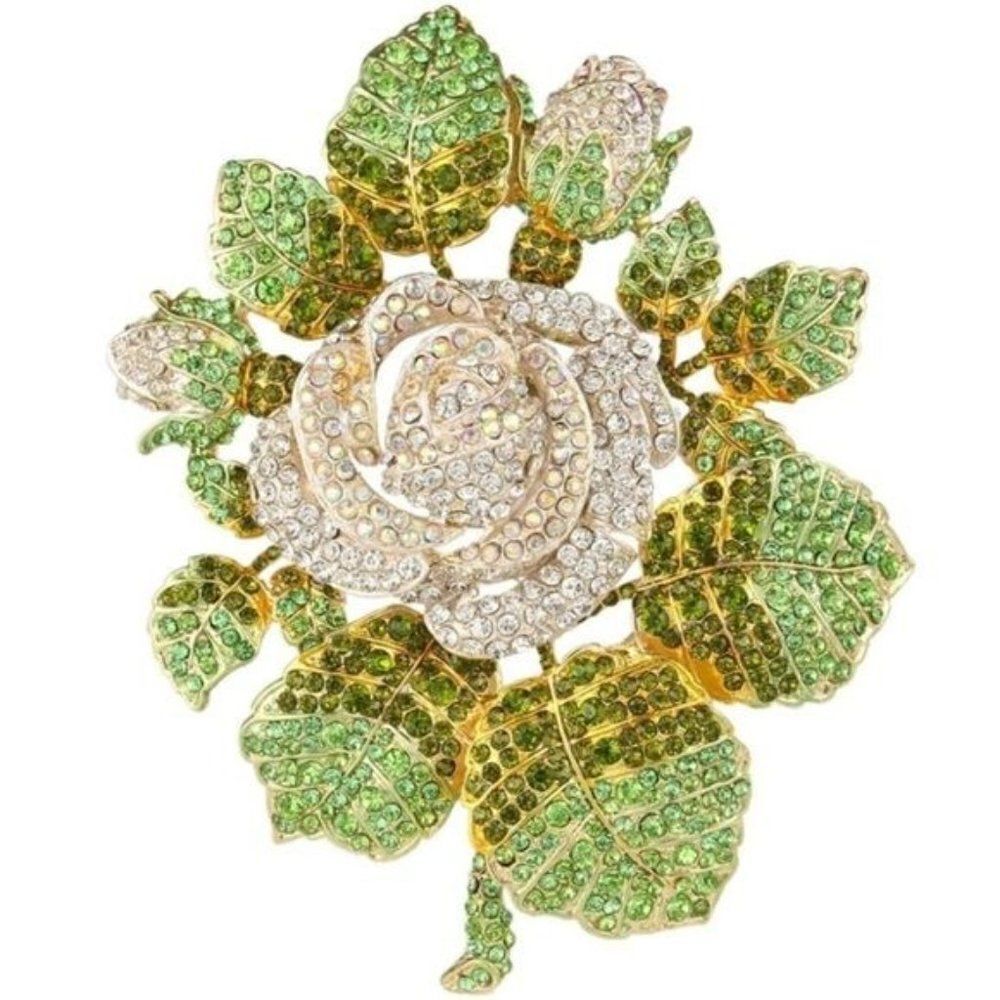 Yellow Gold with White Diamond Austrian Crystal Rose Flower and Leaf Brooch Pin
